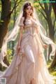 A woman in a wedding dress standing in the woods.