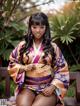 A woman in a kimono sitting on a bench.