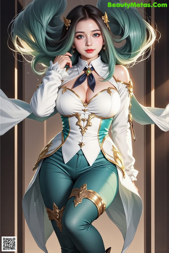 A woman with long green hair wearing a white shirt and green pants.