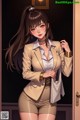 A woman in a beige suit standing in front of a door.