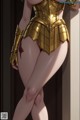 A woman in a gold armor is leaning against a wall.