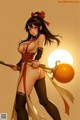 A woman in a costume holding a sword and an orange.