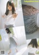 A collage of photos of a woman in a white top and gray skirt.